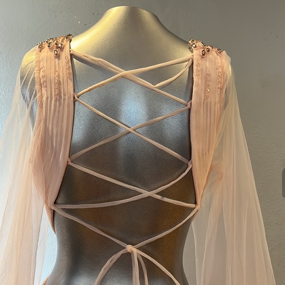 Mac Duggal 70174 TULLE SHEER LONG SLEEVE CUT OUT LACE UP A LINE GOWN NWT - Picture 7 of 17